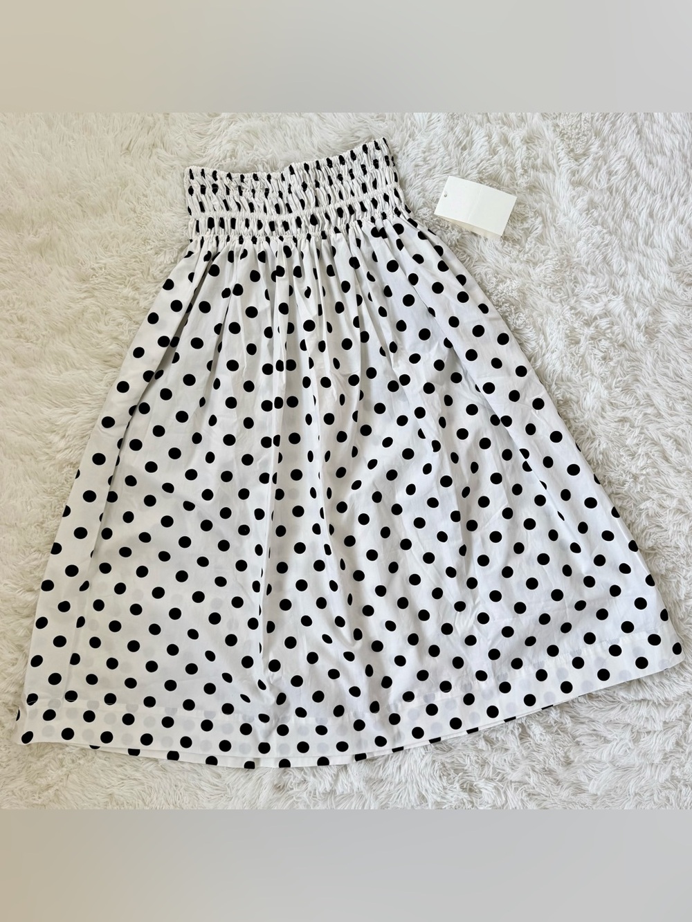 White & Black Polka Dot Smocked Waist Midi Skirt